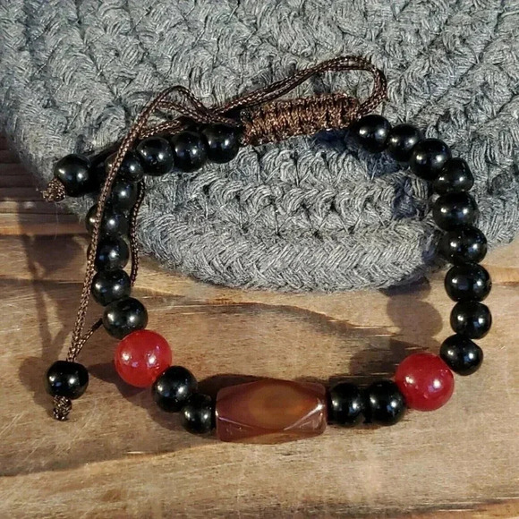 Artisan Tibetan Red Amber Dzi Agate Beads Healing Energy Gemstone Bracelet - Picture 3 of 5